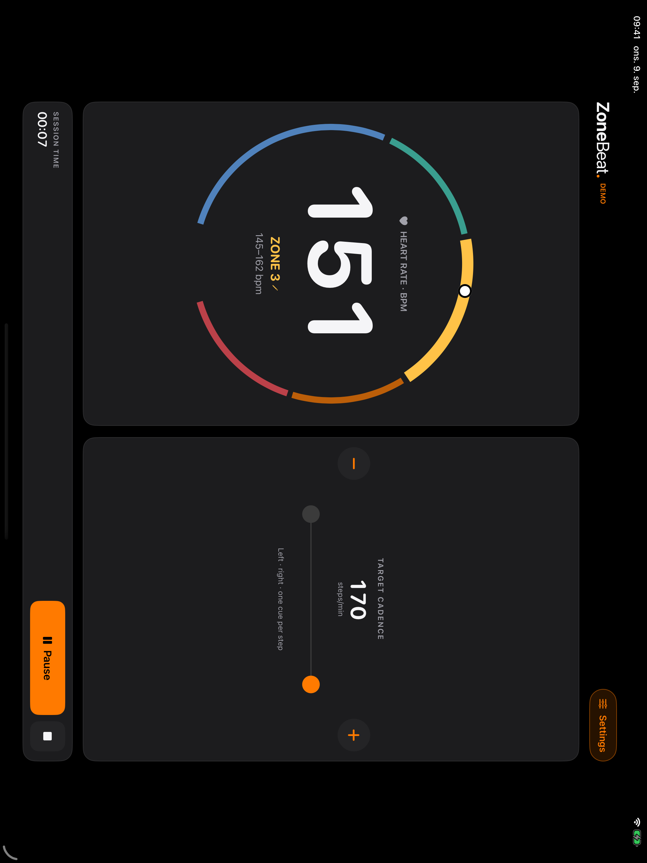 ZoneBeat on iPad in landscape, with demo heart rate and zone on the left and the running metronome on the right.