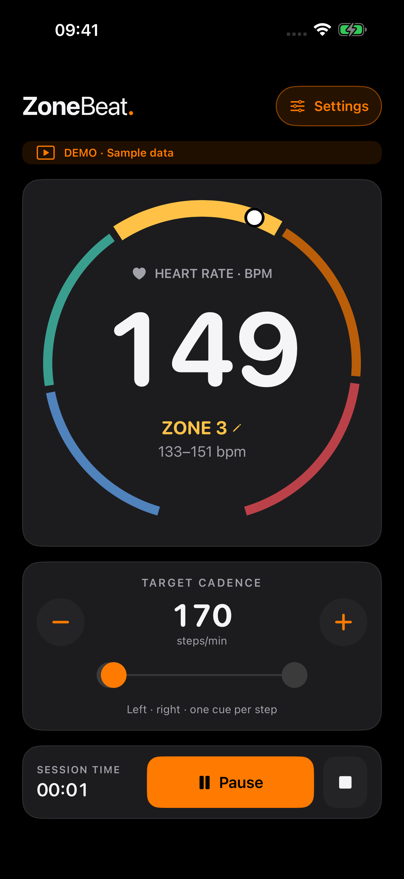 ZoneBeat on iPhone showing demo heart rate, the five-zone ring and target cadence with plus and minus controls.