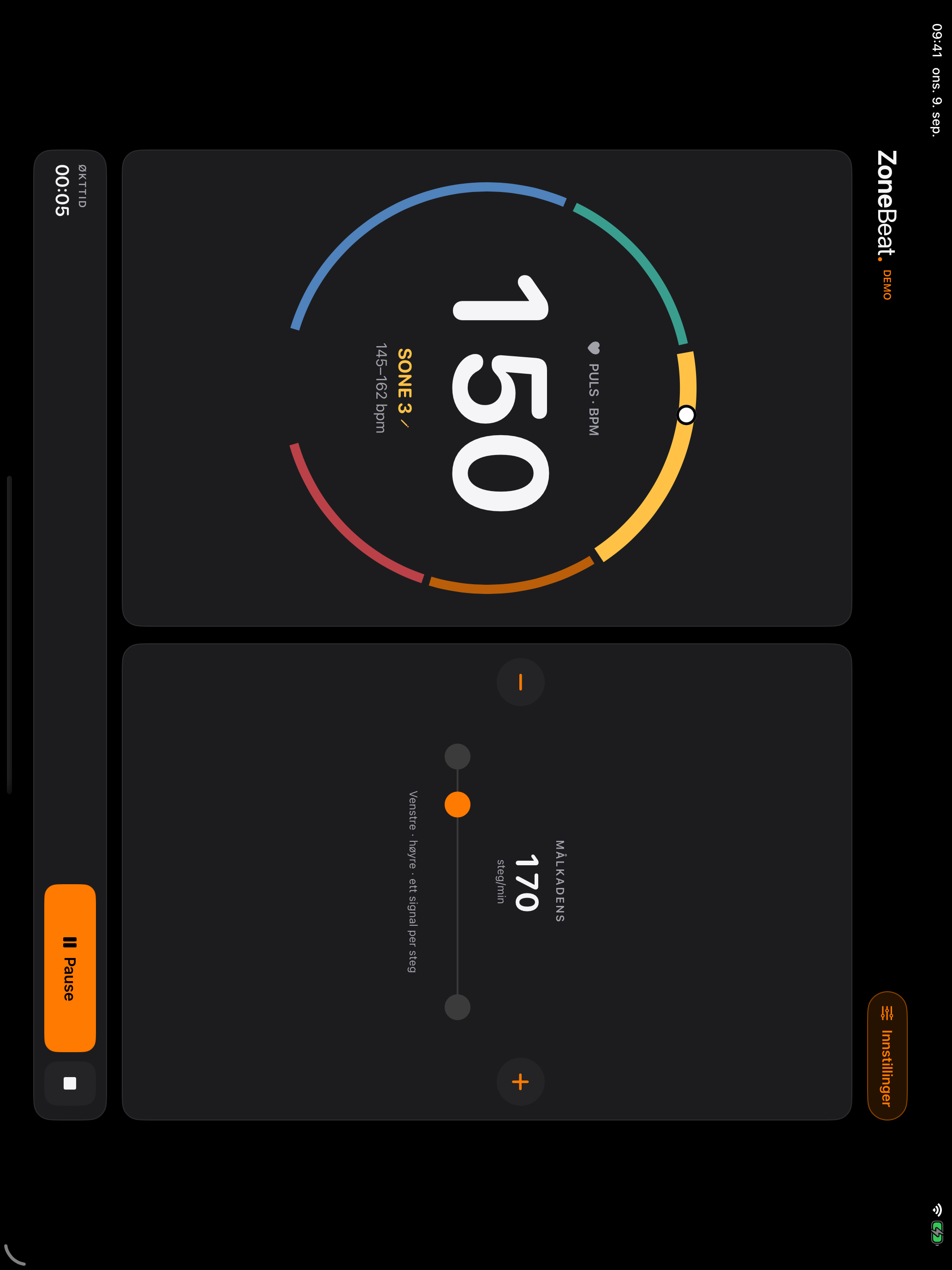 ZoneBeat på iPad i liggende visning, med demopuls og sone til venstre og løpemetronom til høyre.