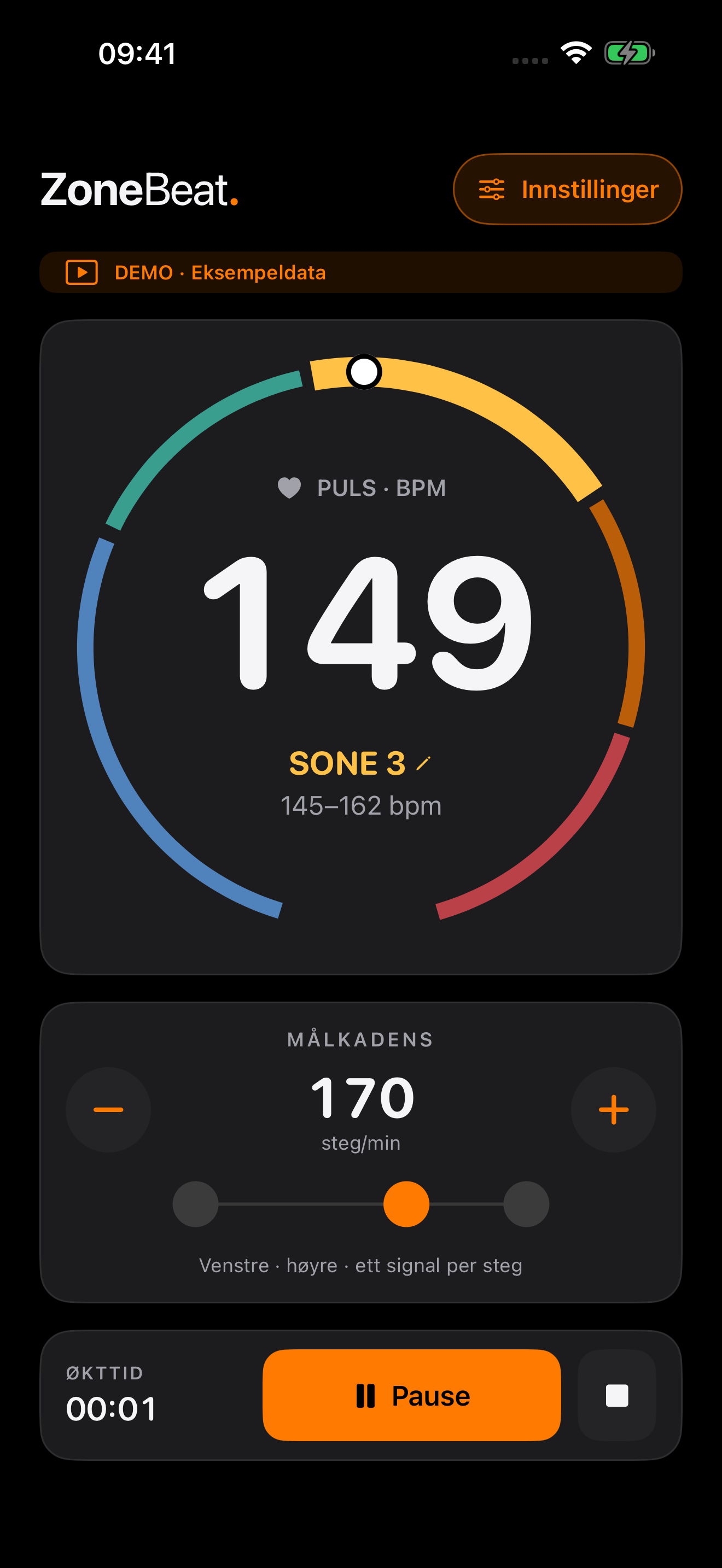 ZoneBeat på iPhone viser demopuls, ringen med fem pulssoner og målkadens med pluss og minus.
